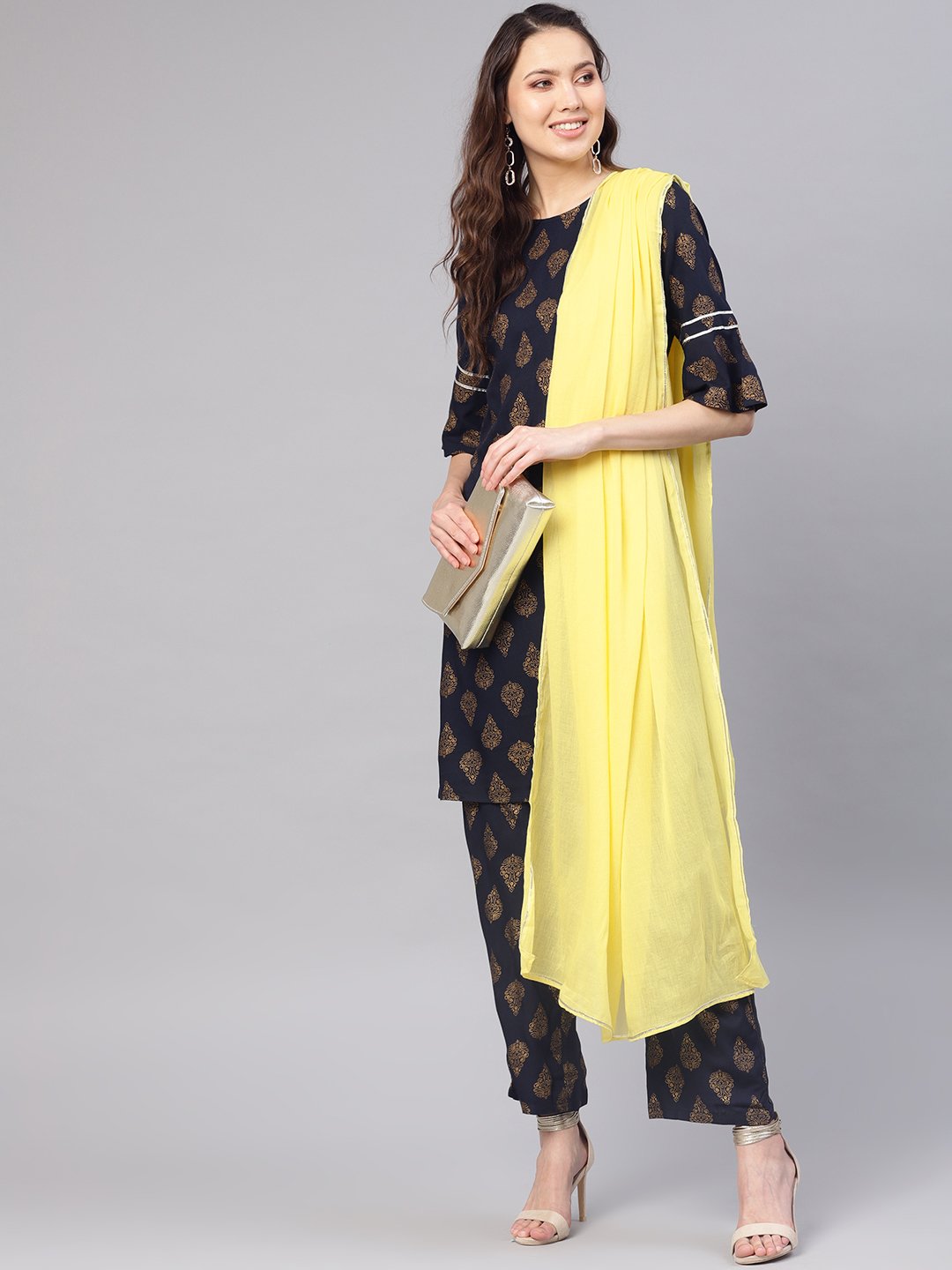 Women's Navy Blue & Golden Printed Kurta With Palazzos & Dupatta