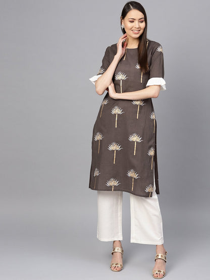 Women's Taupe & Off-White Printed Kurta With Palazzos