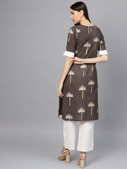 Women's Taupe & Off-White Printed Kurta With Palazzos