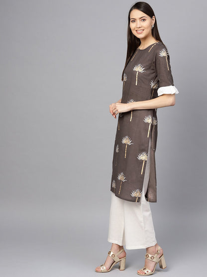 Women's Taupe & Off-White Printed Kurta With Palazzos