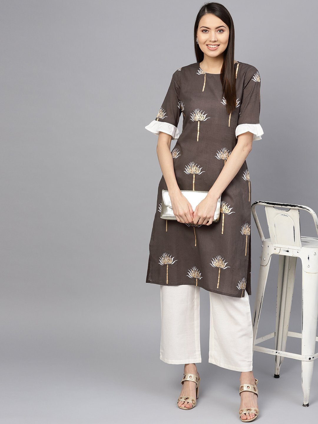 Women's Taupe & Off-White Printed Kurta With Palazzos