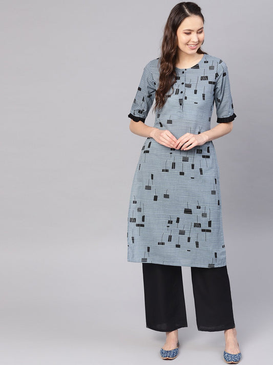 Women's Grey & Black Printed Kurta With Palazzos