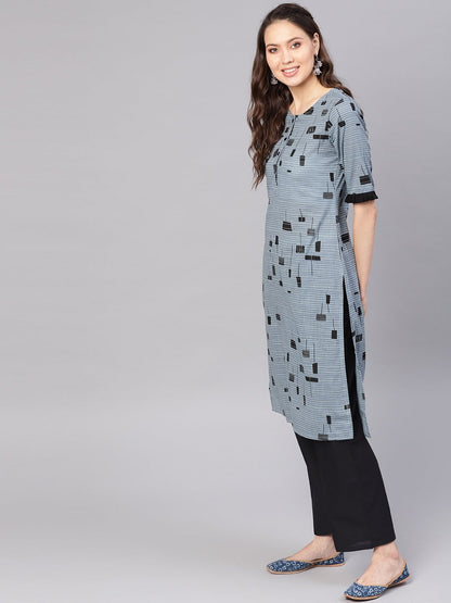 Women's Grey & Black Printed Kurta With Palazzos