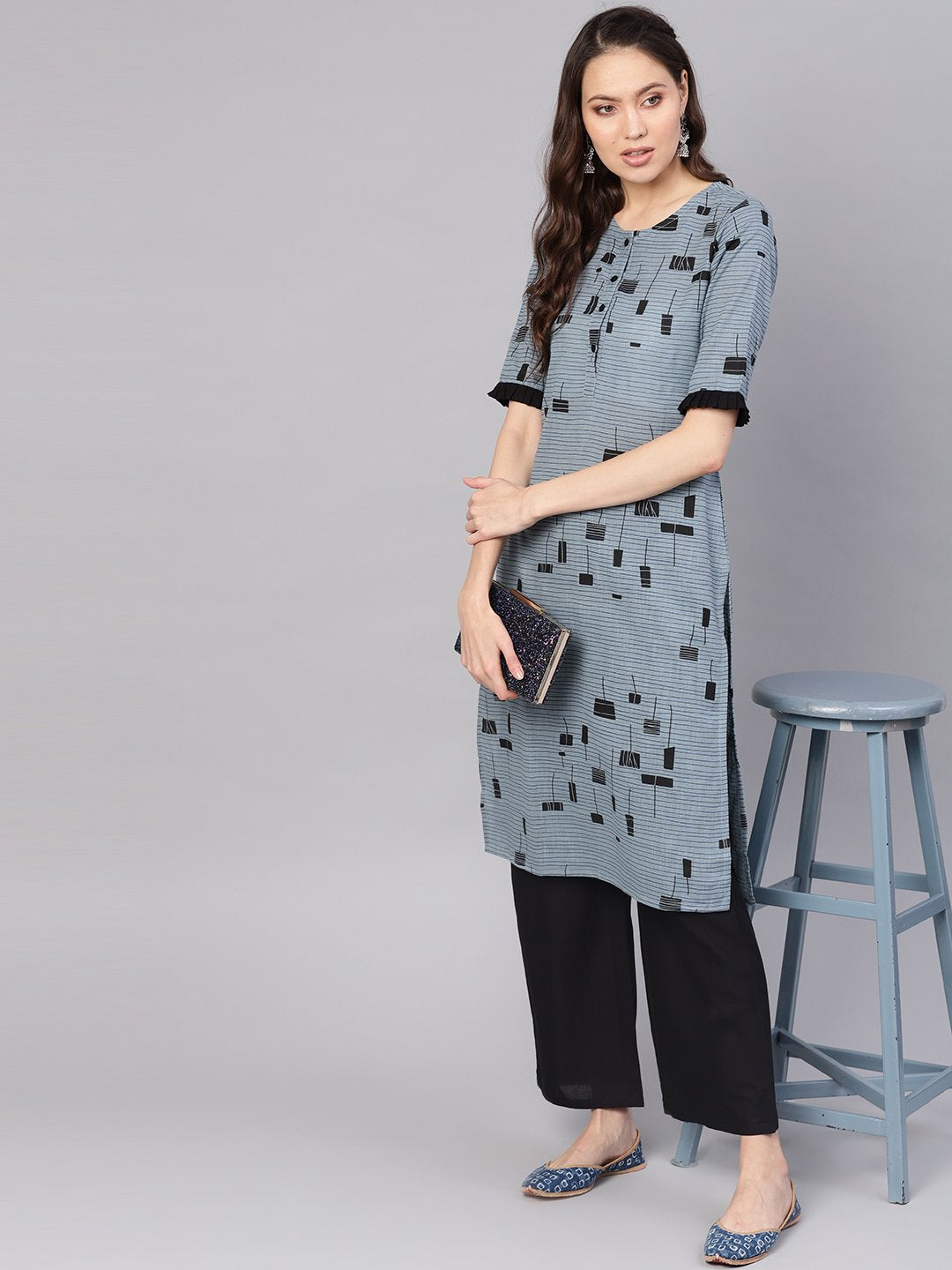 Women's Grey & Black Printed Kurta With Palazzos