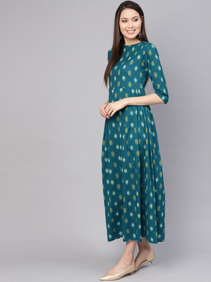 Women's Teal Blue & Yellow Printed Maxi Dress