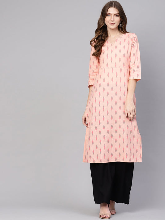 Women's Peach-Coloured & Black Ikat Print Straight Kurta