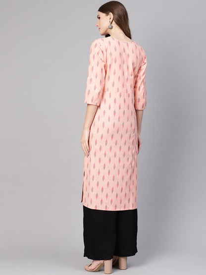 Women's Peach-Coloured & Black Ikat Print Straight Kurta