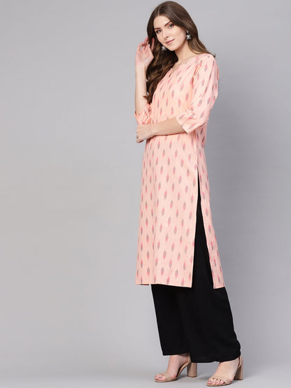 Women's Peach-Coloured & Black Ikat Print Straight Kurta