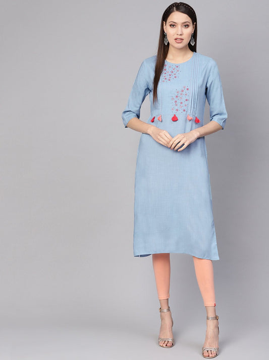 Women's Blue Embroidered Detail Straight Kurta