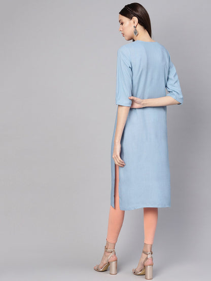 Women's Blue Embroidered Detail Straight Kurta