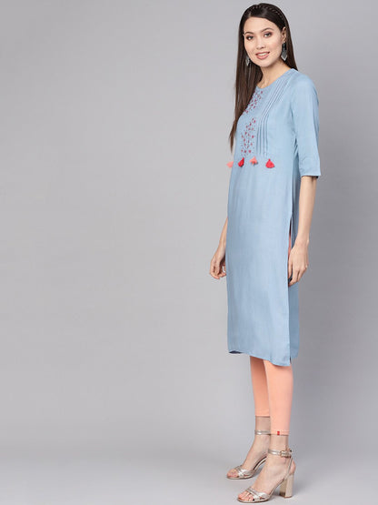 Women's Blue Embroidered Detail Straight Kurta