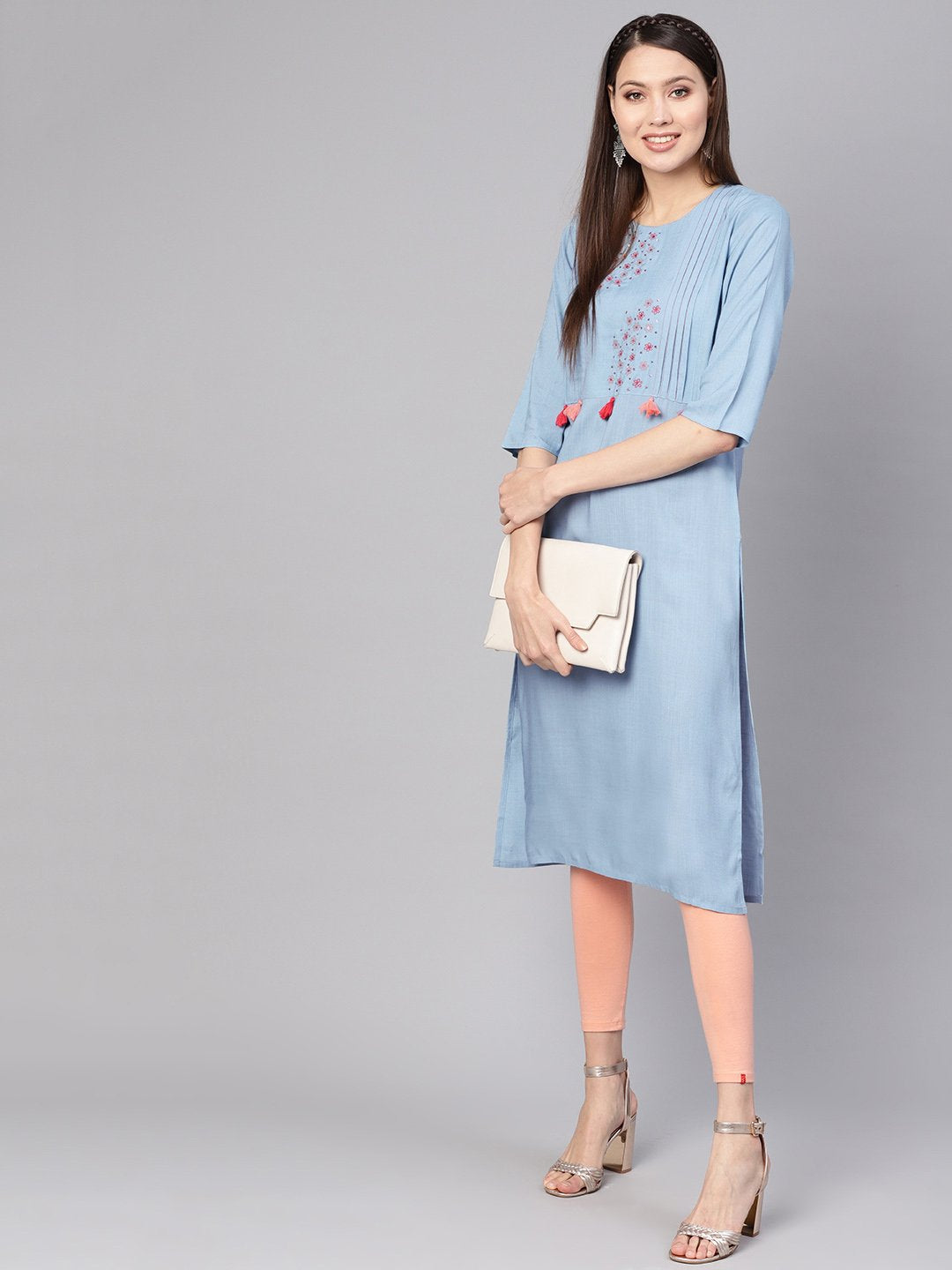 Women's Blue Embroidered Detail Straight Kurta