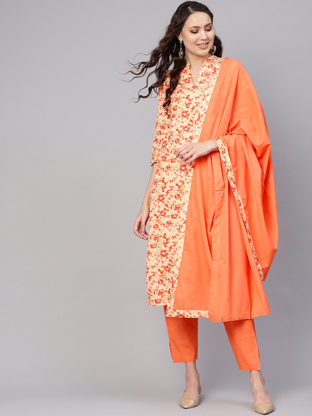 Women's Cream-Coloured & Peach-Coloured Printed Kurta With Palazzos & Dupatta