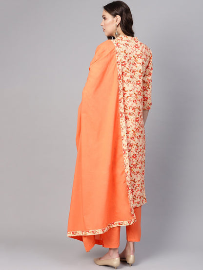 Women's Cream-Coloured & Peach-Coloured Printed Kurta With Palazzos & Dupatta