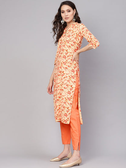 Women's Cream-Coloured & Peach-Coloured Printed Kurta With Palazzos & Dupatta