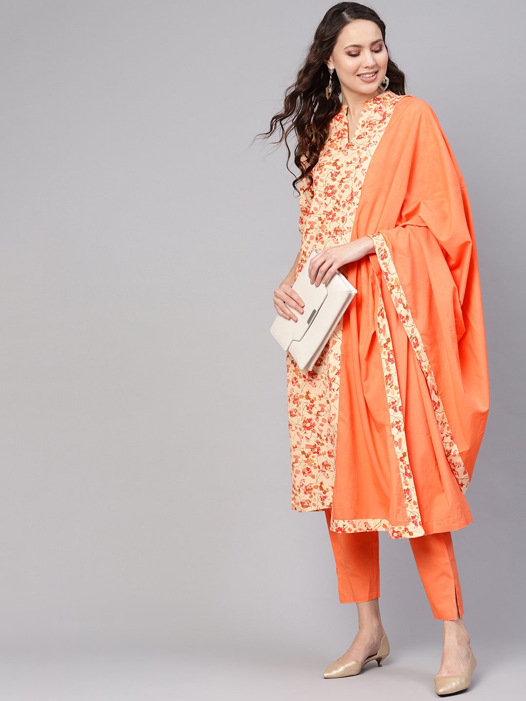Women's Cream-Coloured & Peach-Coloured Printed Kurta With Palazzos & Dupatta
