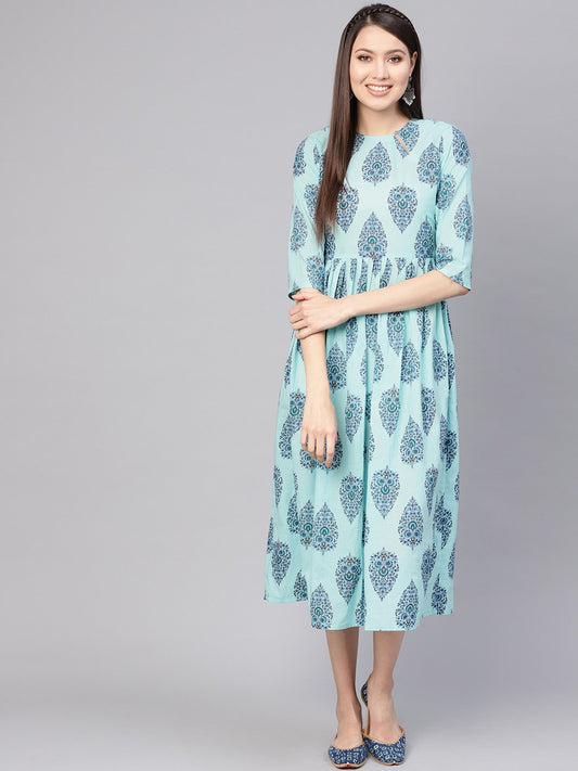 Women's Blue Printed A-Line Dress