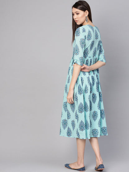 Women's Blue Printed A-Line Dress