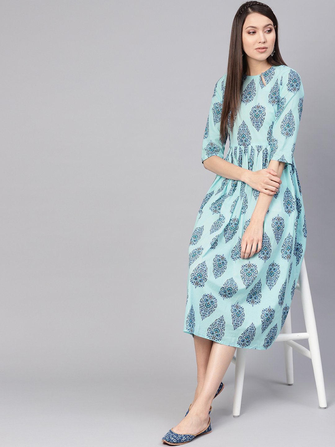 Women's Blue Printed A-Line Dress
