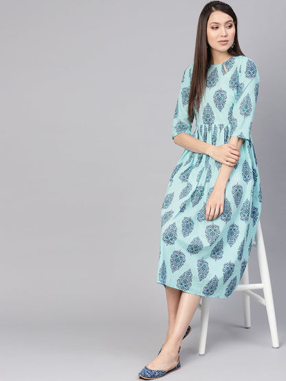 Women's Blue Printed A-Line Dress