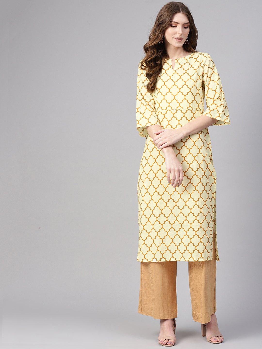 Women's Cream-Coloured & Mustard Brown Printed Straight Kurta