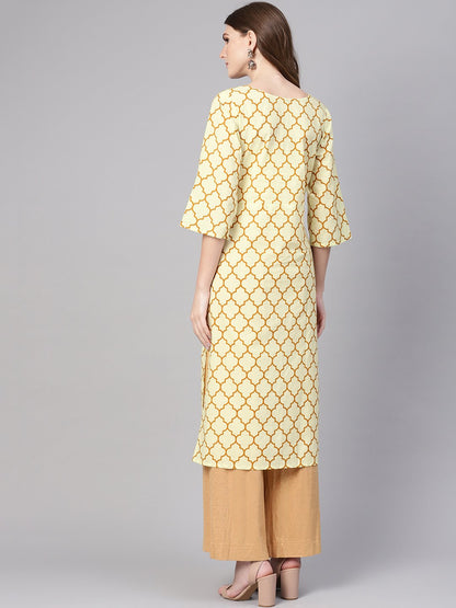 Women's Cream-Coloured & Mustard Brown Printed Straight Kurta