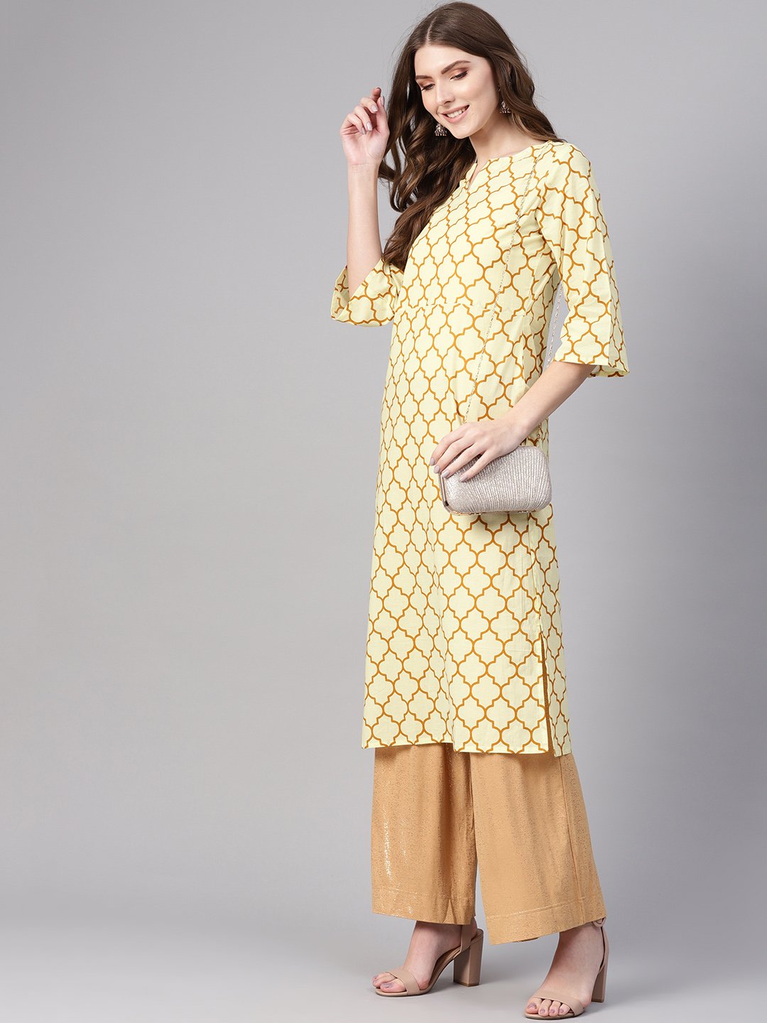 Women's Cream-Coloured & Mustard Brown Printed Straight Kurta