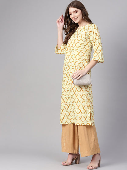 Women's Cream-Coloured & Mustard Brown Printed Straight Kurta