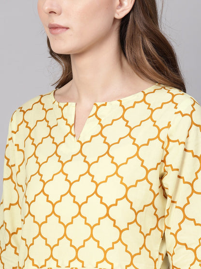 Women's Cream-Coloured & Mustard Brown Printed Straight Kurta