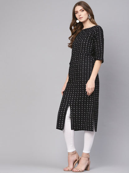 Women's Black & White Printed Straight Kurta