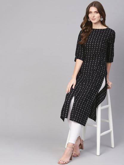 Women's Black & White Printed Straight Kurta