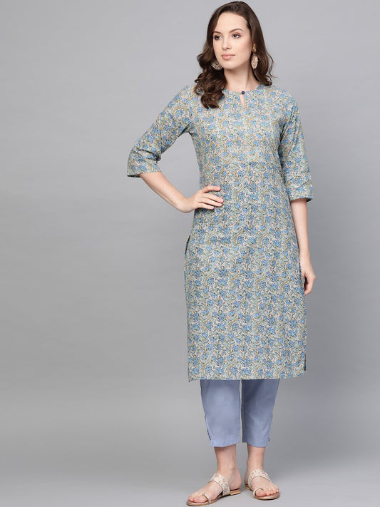 Women's Nayo Blue Three-Quarter Sleeves Printed Straight Cotton Kurta With Trouser Set