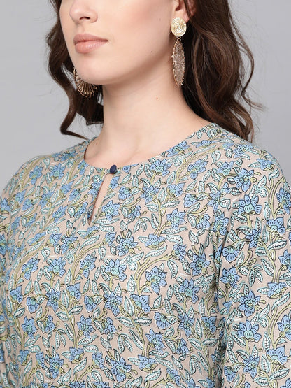 Women's Nayo Blue Three-Quarter Sleeves Printed Straight Cotton Kurta With Trouser Set