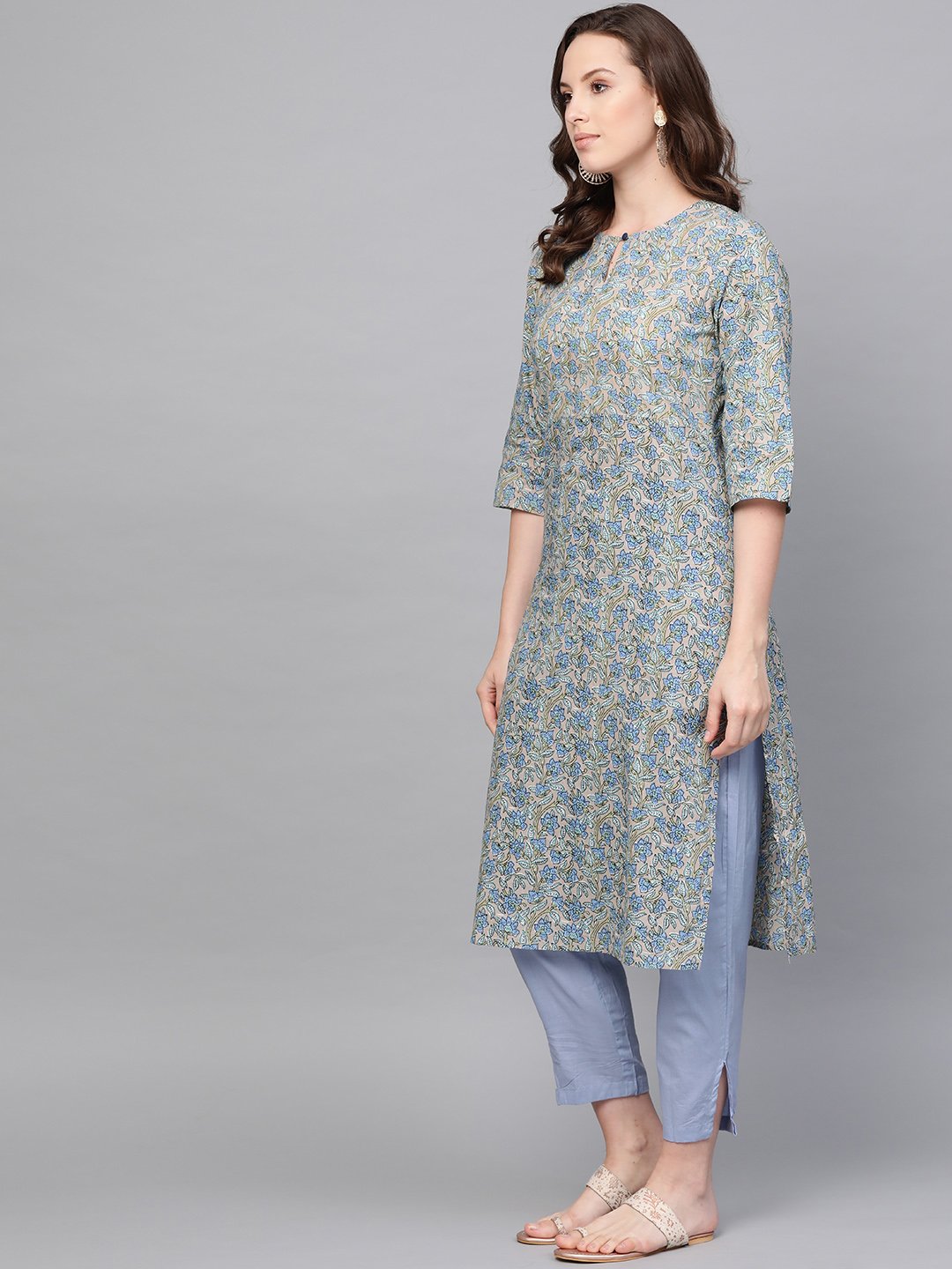 Women's Nayo Blue Three-Quarter Sleeves Printed Straight Cotton Kurta With Trouser Set