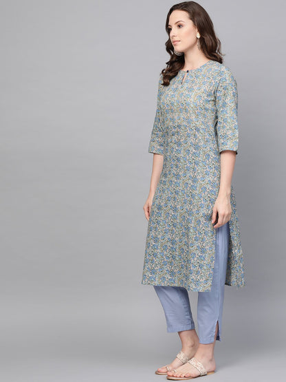 Women's Nayo Blue Three-Quarter Sleeves Printed Straight Cotton Kurta With Trouser Set