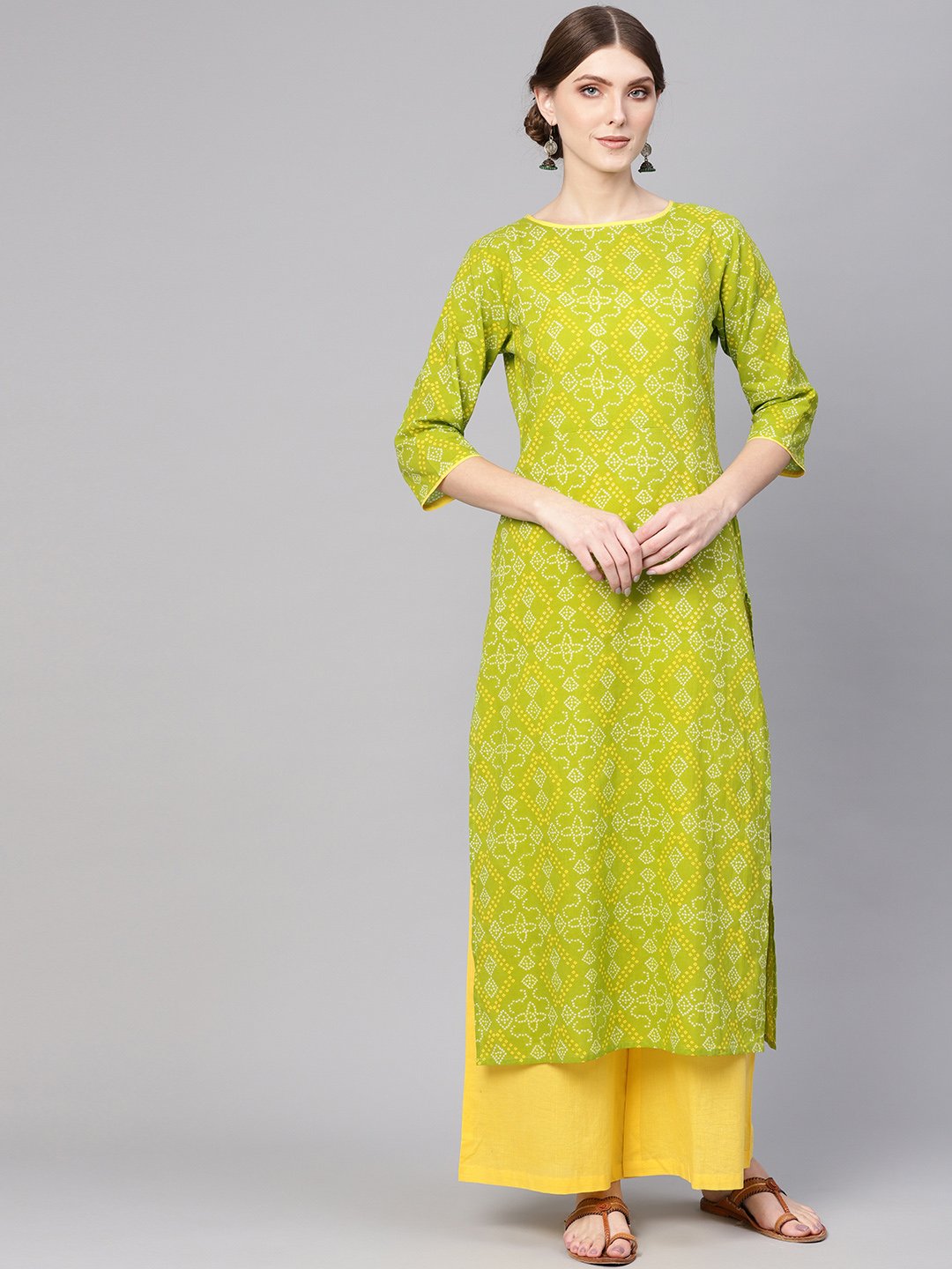 Women's Green & Yellow Bandhani Print Kurta With Palazzos