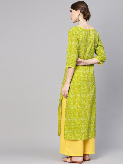 Women's Green & Yellow Bandhani Print Kurta With Palazzos
