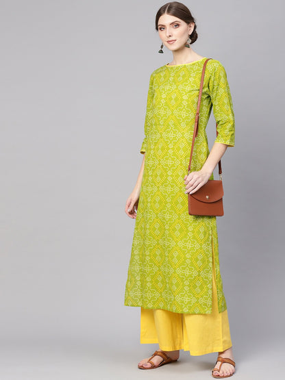 Women's Green & Yellow Bandhani Print Kurta With Palazzos