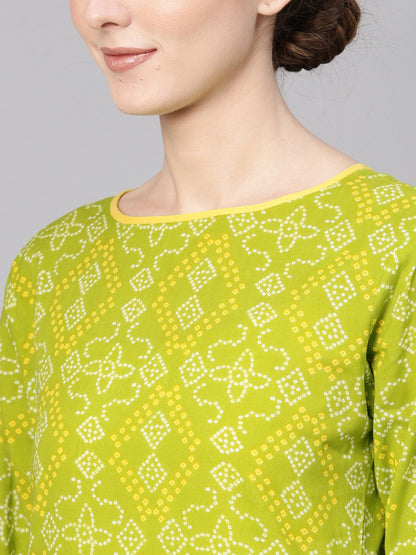 Women's Green & Yellow Bandhani Print Kurta With Palazzos
