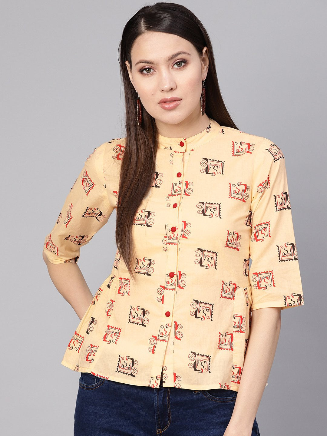 Women's Cream-Coloured & Red Printed Shirt Style Top