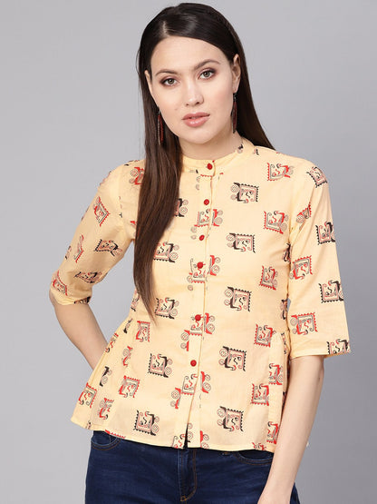 Women's Cream-Coloured & Red Printed Shirt Style Top