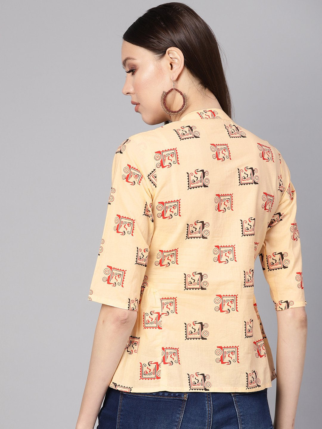 Women's Cream-Coloured & Red Printed Shirt Style Top
