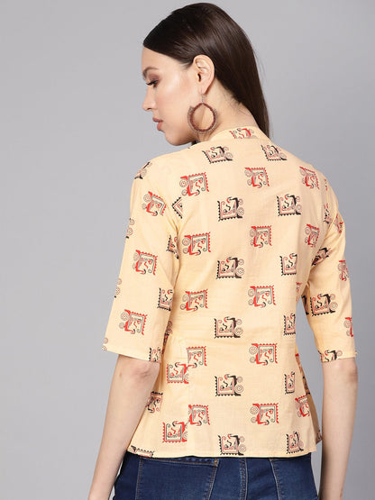 Women's Cream-Coloured & Red Printed Shirt Style Top