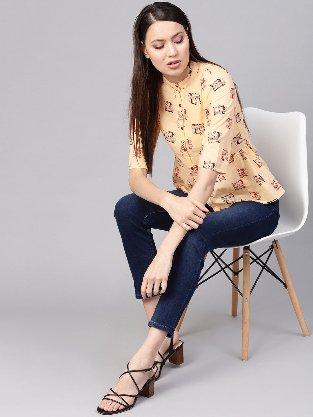 Women's Cream-Coloured & Red Printed Shirt Style Top