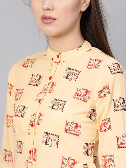 Women's Cream-Coloured & Red Printed Shirt Style Top