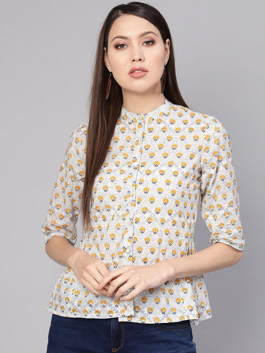 Women's Blue & Mustard Yellow Printed Shirt Style Top