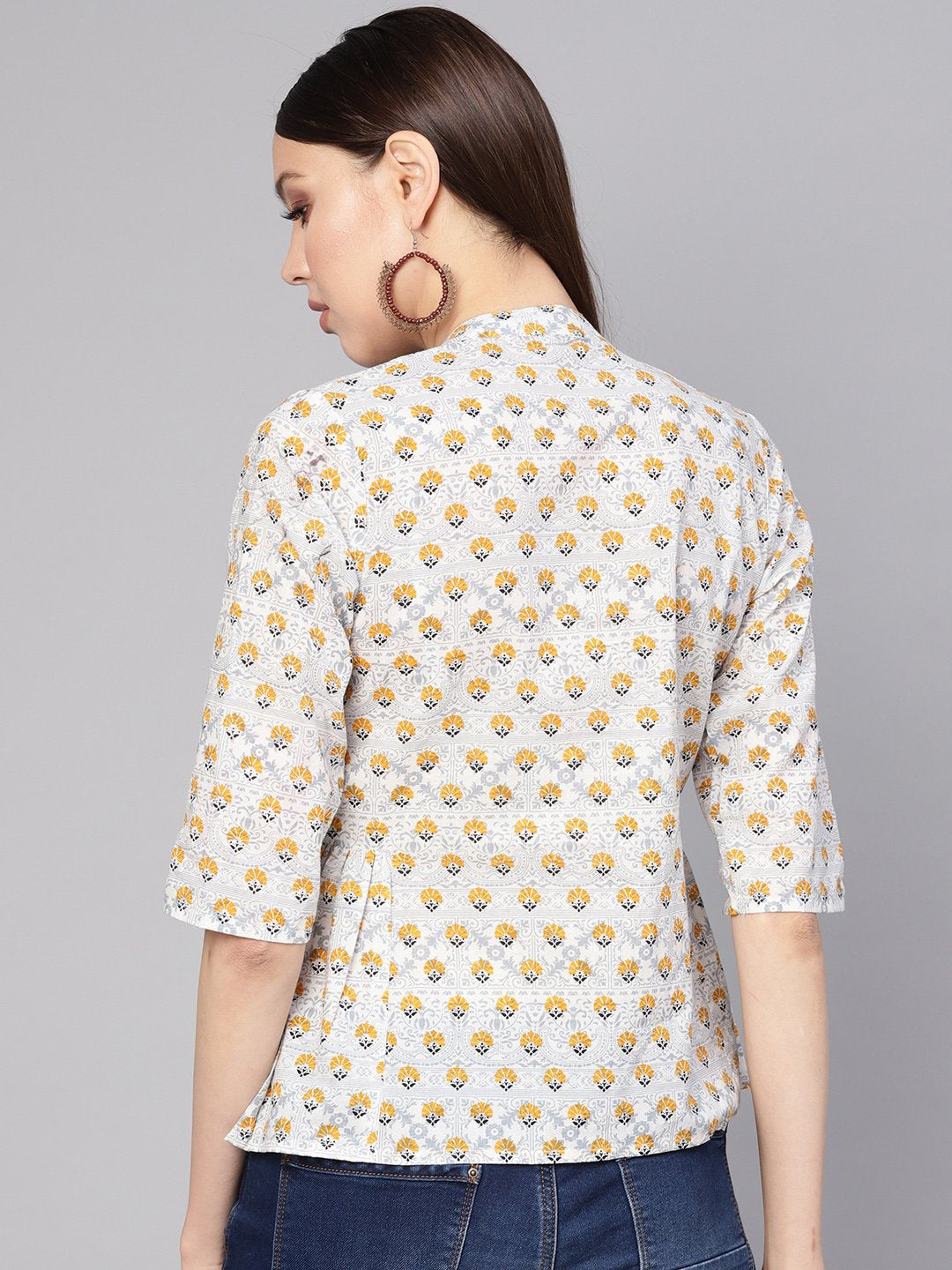 Women's Blue & Mustard Yellow Printed Shirt Style Top