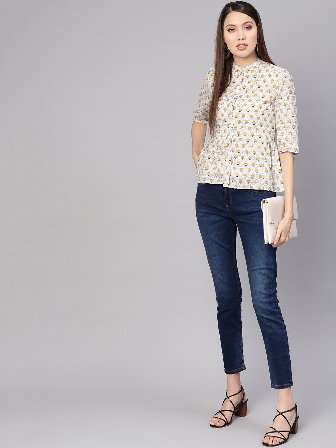 Women's Blue & Mustard Yellow Printed Shirt Style Top
