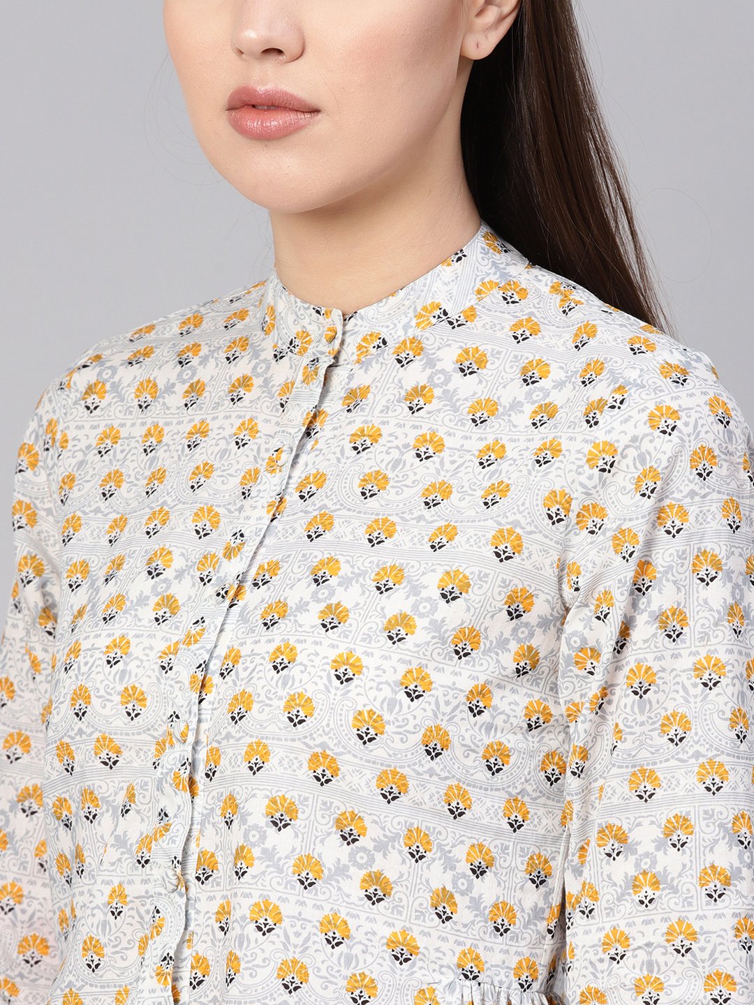 Women's Blue & Mustard Yellow Printed Shirt Style Top