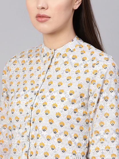Women's Blue & Mustard Yellow Printed Shirt Style Top